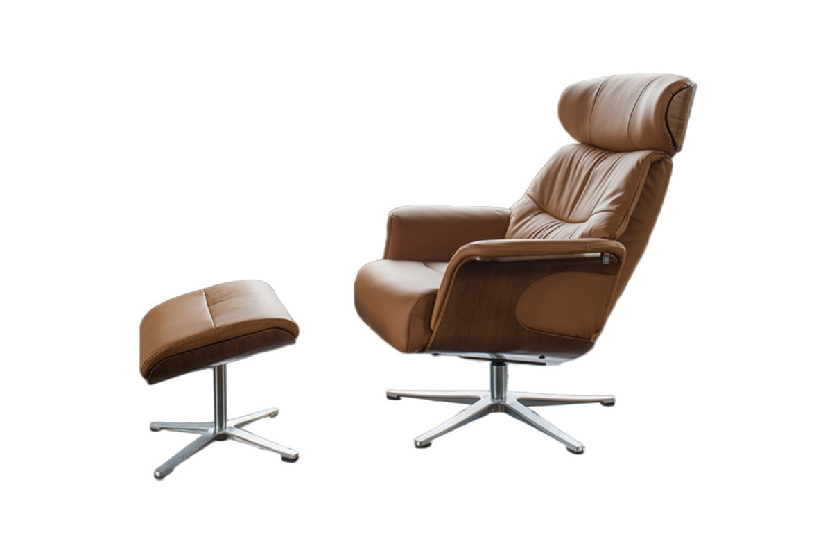 KAWOLA Sessel TOSAR Relaxsessel drehbar Leder braun mit Hocker