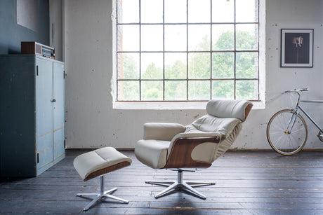 KAWOLA Sessel TOSAR Relaxsessel drehbar Leder grau mit Hocker