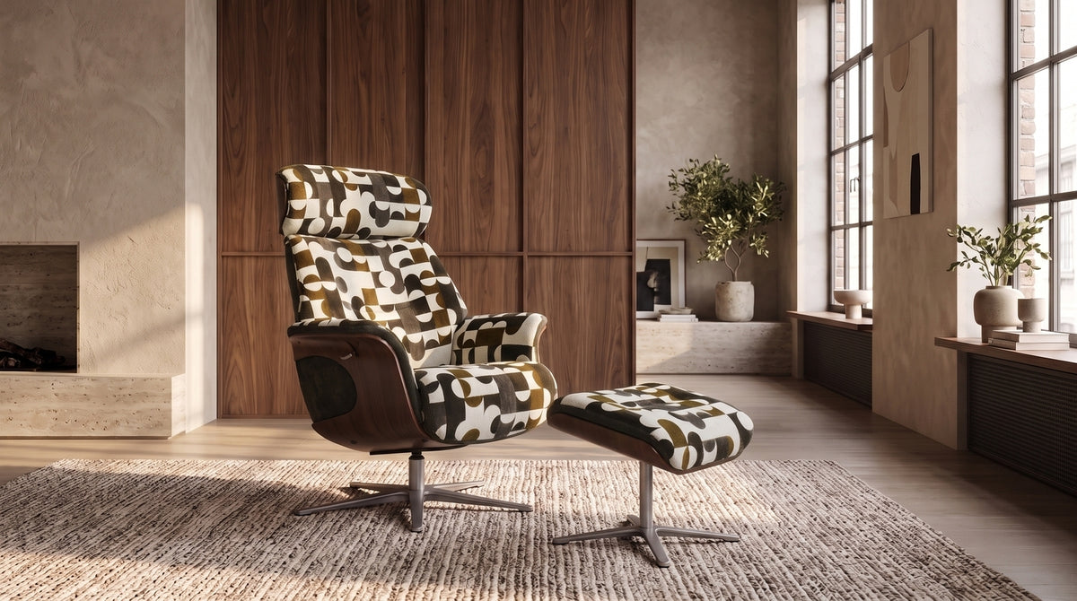 KAWOLA Sessel TOSAR Relaxsessel drehbar Stoff Retro-Design braun mit Hocker