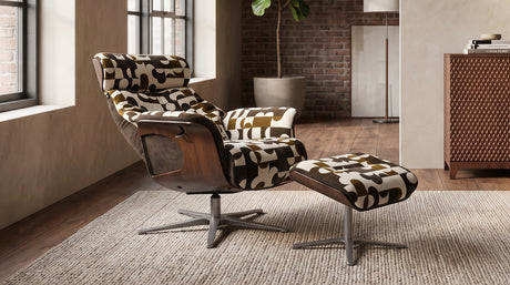 KAWOLA Sessel TOSAR Relaxsessel drehbar Stoff Retro-Design braun mit Hocker