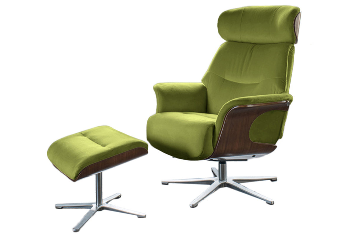 KAWOLA Sessel TOSAR Relaxsessel drehbar Velvet grün mit Hocker