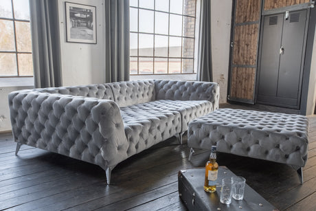 KAWOLA Set Big Sofa und Polsterhocker NARLA Chesterfield Velvet silber