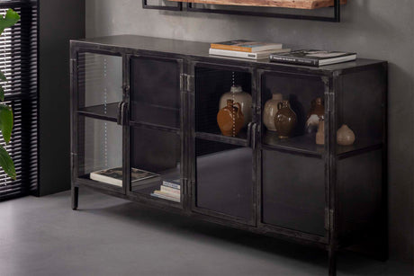 KAWOLA Sideboard BREST Vitrine Metall schwarz 4 Türen