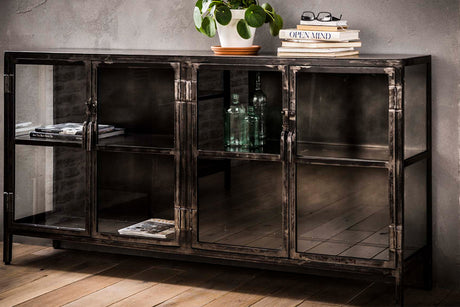 KAWOLA Sideboard BREST Vitrine Metall schwarz 4 Türen