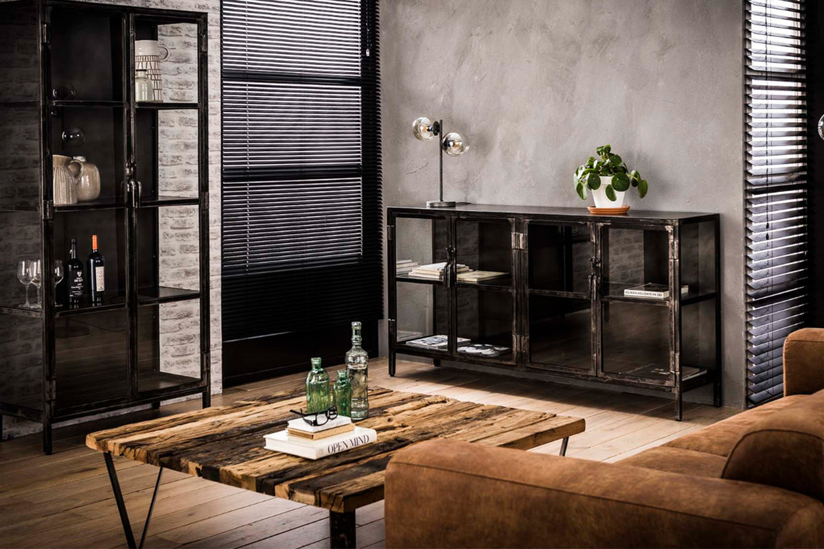 KAWOLA Sideboard BREST Vitrine Metall schwarz 4 Türen