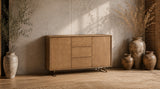 KAWOLA Sideboard GALA 2 Türen 3 Schubladen Kunstleder goldfarben Fuß Edelstahl gebürstet