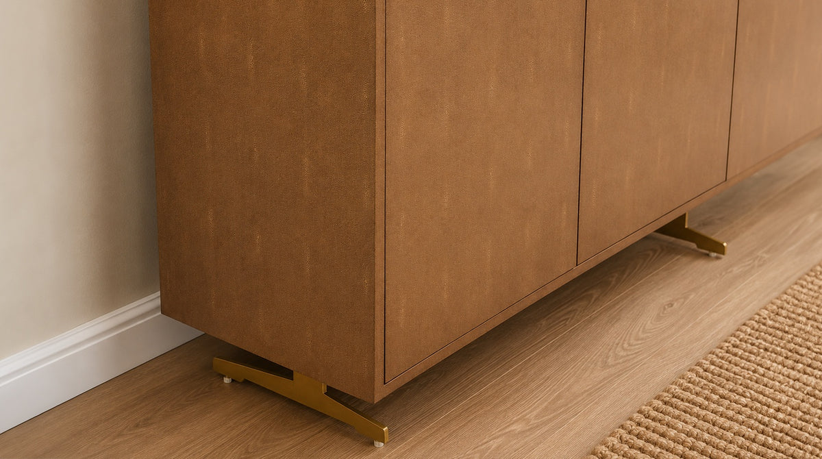 KAWOLA Sideboard GALA 4 Türen Kunstleder goldfarben Fuß Edelstahl gebürstet