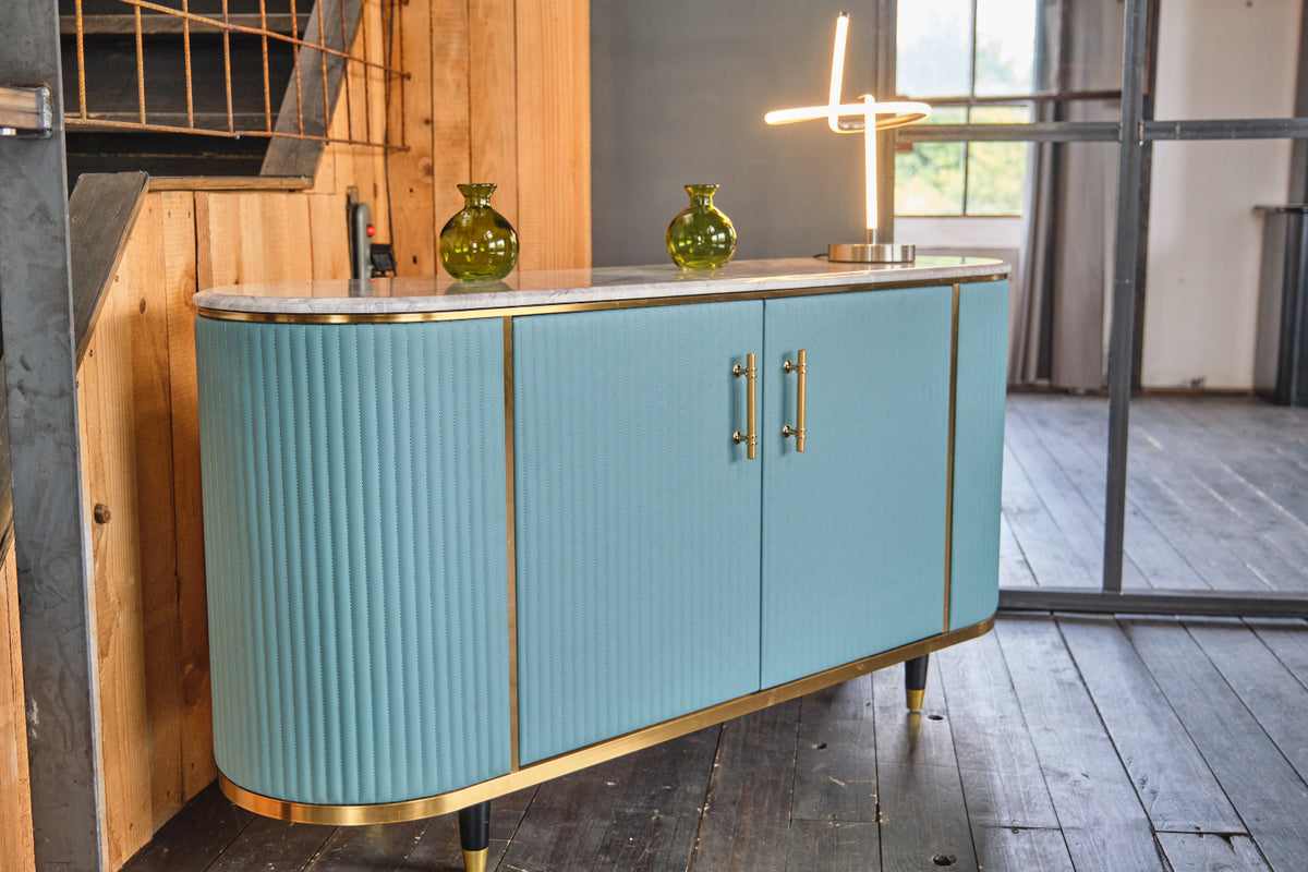 KAWOLA Sideboard MARIA Marmorplatte Kunstleder hellblau