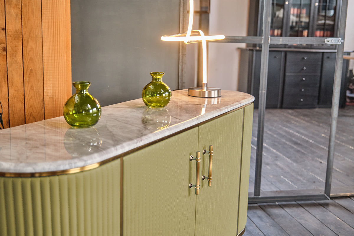 KAWOLA Sideboard MARIA Marmorplatte Kunstleder olivgrün