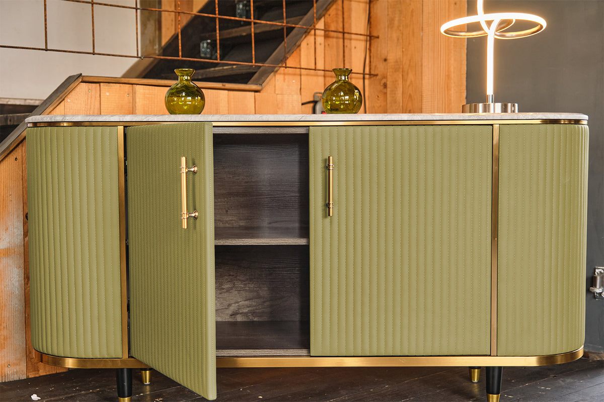 KAWOLA Sideboard MARIA Marmorplatte Kunstleder olivgrün