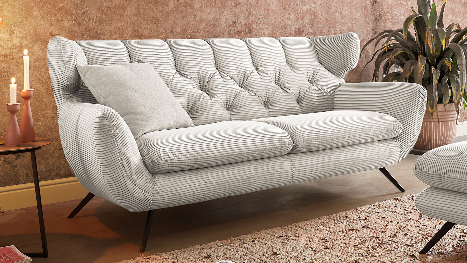 KAWOLA Sitzgruppe CHARME Sofa Sessel Hockerbank Cord cremeweiß