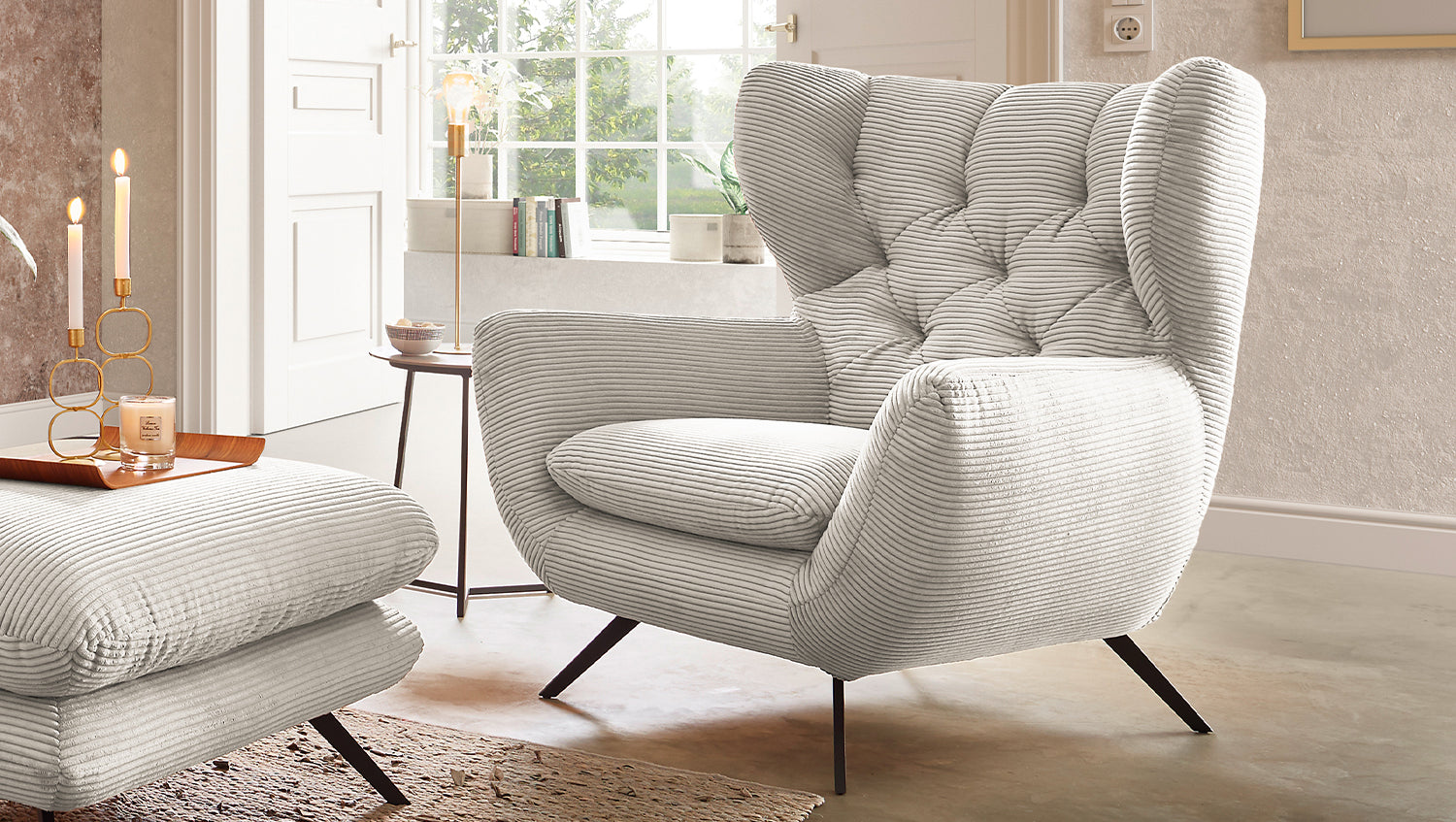KAWOLA Sitzgruppe CHARME Sofa Sessel Hockerbank Cord cremeweiß