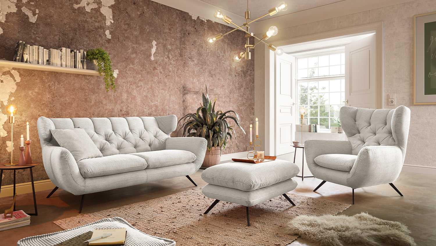 KAWOLA Sitzgruppe CHARME Sofa Sessel Hockerbank Cord cremeweiß, 4-Sitzer