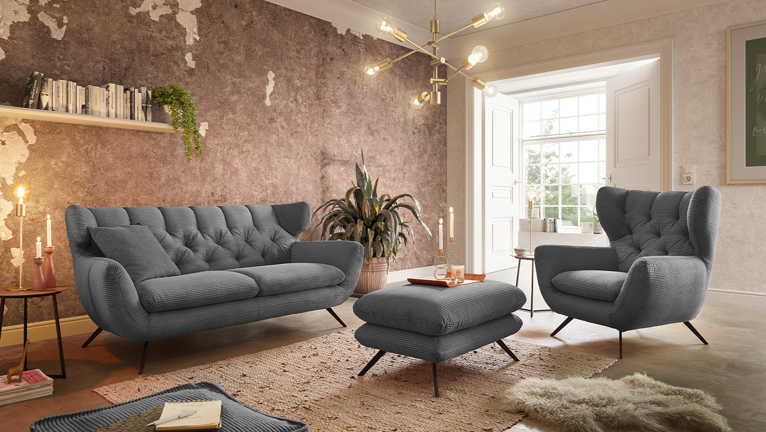 KAWOLA Sitzgruppe CHARME Sofa Sessel Hockerbank Cord grau, 2.5-Sitzer