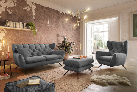 KAWOLA Sitzgruppe CHARME Sofa Sessel Hockerbank Cord grau, 4-Sitzer