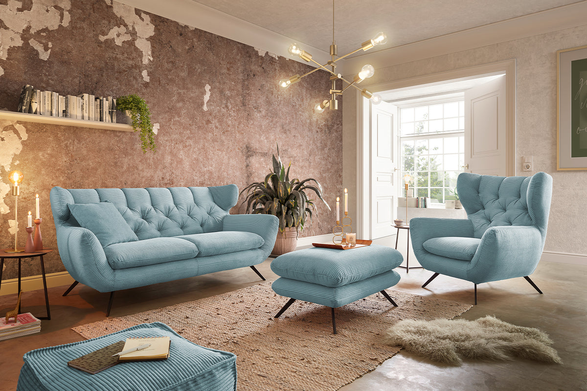 KAWOLA Sitzgruppe CHARME Sofa Sessel Hockerbank Cord hellblau, 4-Sitzer