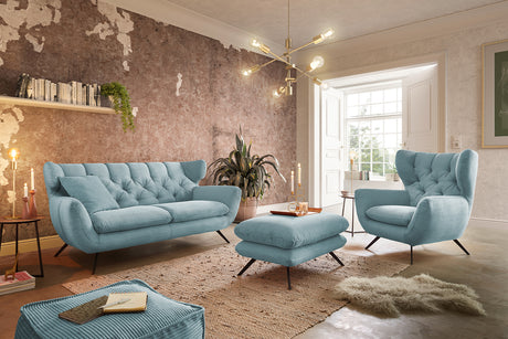 KAWOLA Sitzgruppe CHARME Sofa Sessel Hockerbank Cord hellblau, 4-Sitzer