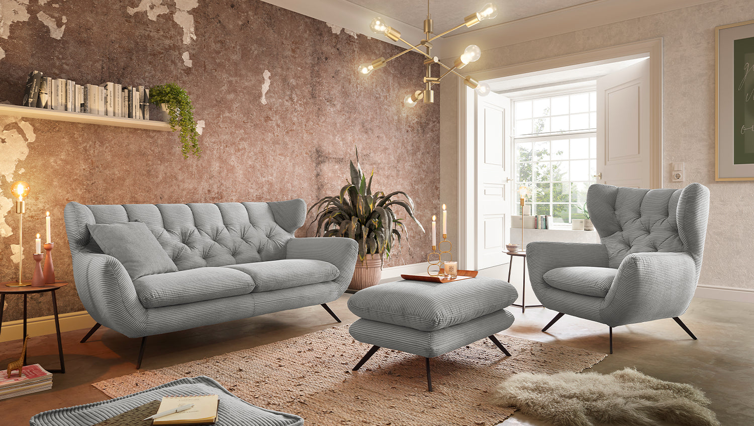 KAWOLA Sitzgruppe CHARME Sofa Sessel Hockerbank Cord hellgrau, 3-Sitzer