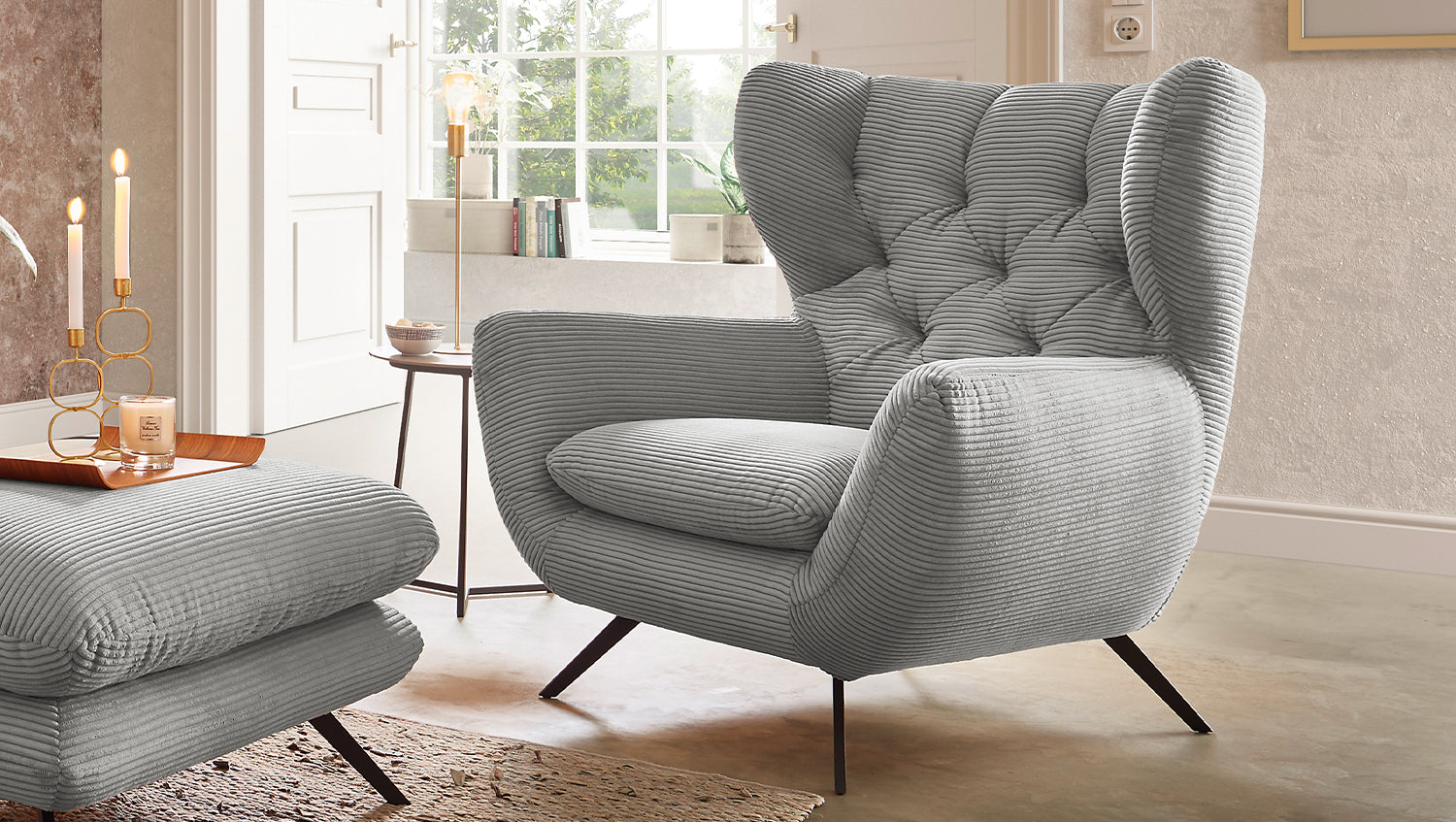 KAWOLA Sitzgruppe CHARME Sofa Sessel Hockerbank Cord hellgrau