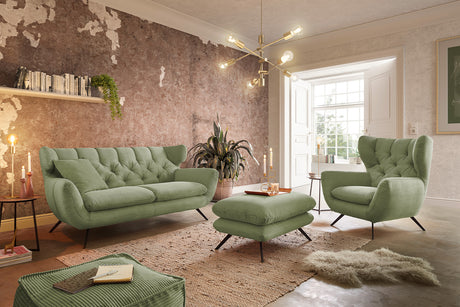 KAWOLA Sitzgruppe CHARME Sofa Sessel Hockerbank Cord olivgrün, 4-Sitzer