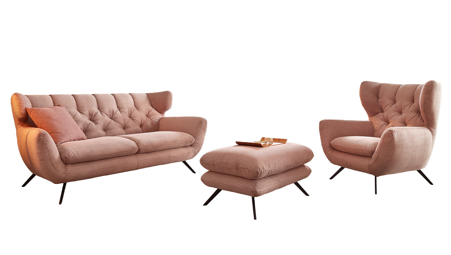 KAWOLA Sitzgruppe CHARME Sofa Sessel Hockerbank Cord rosa