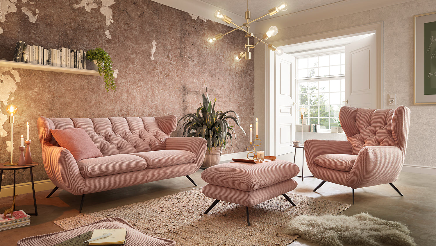 KAWOLA Sitzgruppe CHARME Sofa Sessel Hockerbank Cord rosa, 2.5-Sitzer