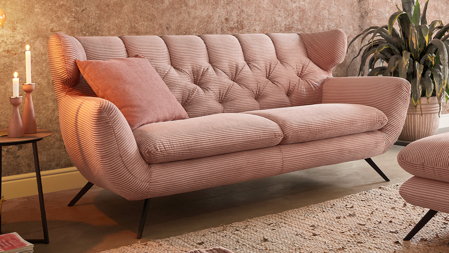 KAWOLA Sitzgruppe CHARME Sofa Sessel Hockerbank Cord rosa