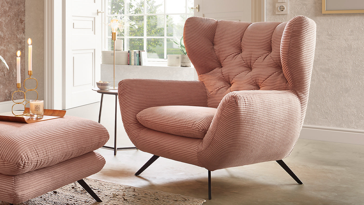 KAWOLA Sitzgruppe CHARME Sofa Sessel Hockerbank Cord rosa