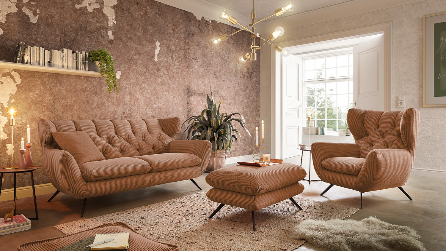 KAWOLA Sitzgruppe CHARME Sofa Sessel Hockerbank Cord rost, 3-Sitzer