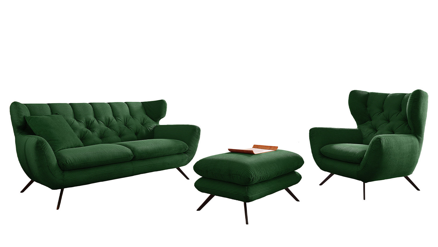 KAWOLA Sitzgruppe CHARME Sofa Sessel Hockerbank Cord smaragd