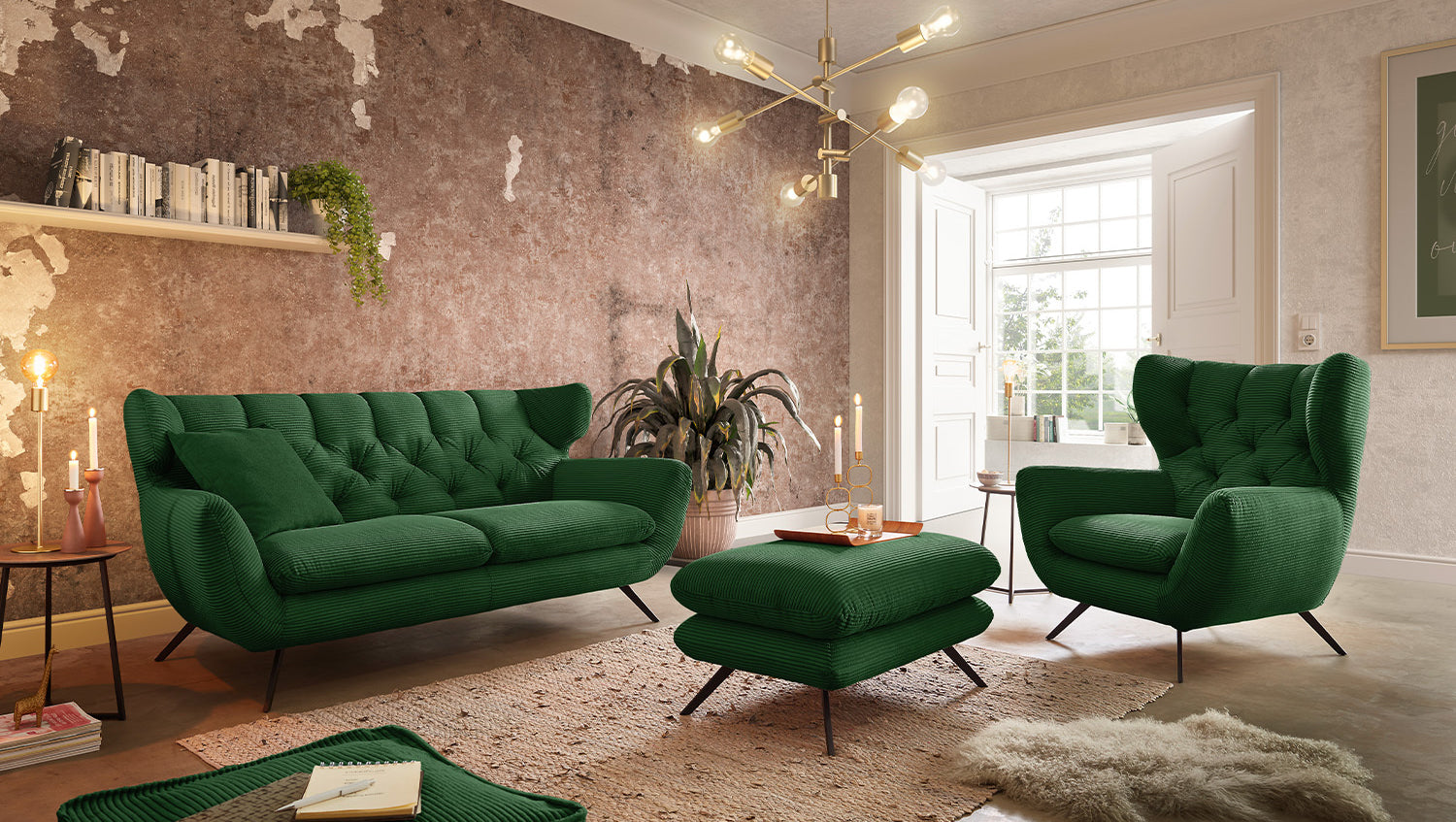 KAWOLA Sitzgruppe CHARME Sofa Sessel Hockerbank Cord smaragd, 2.5-Sitzer