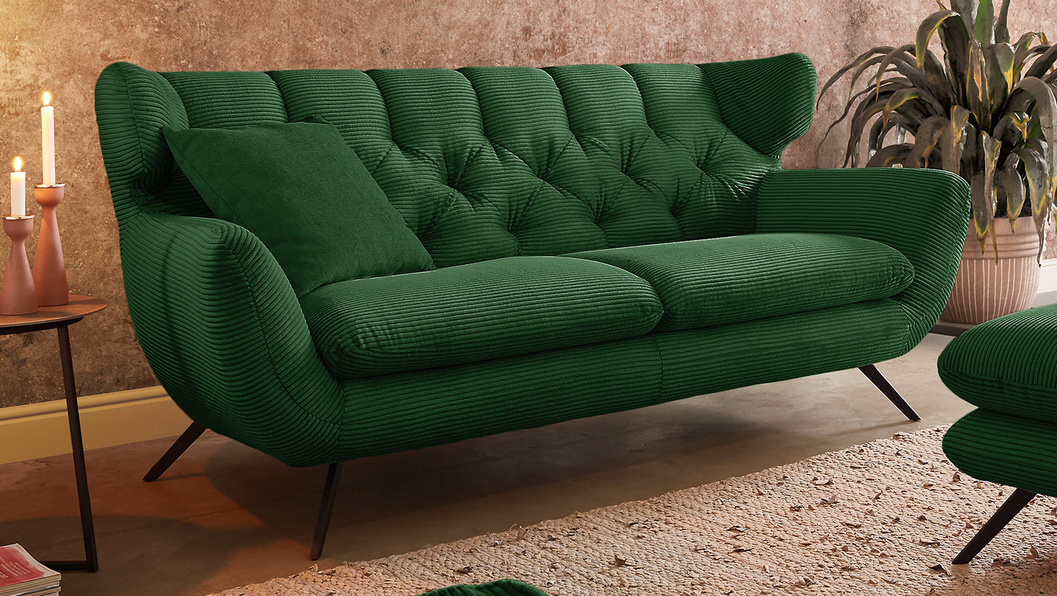 KAWOLA Sitzgruppe CHARME Sofa Sessel Hockerbank Cord smaragd