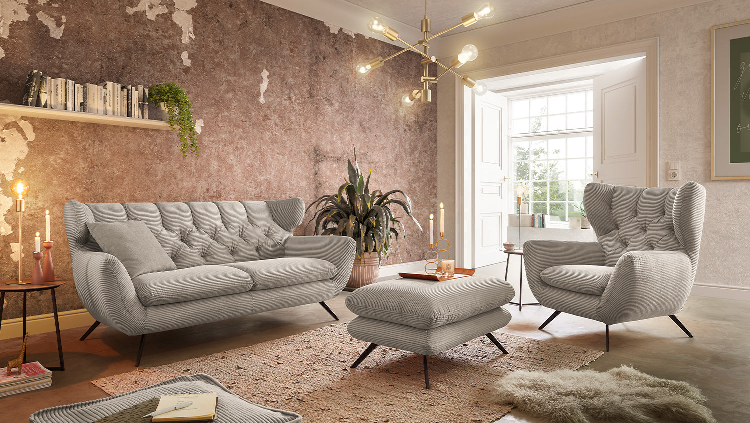 KAWOLA Sitzgruppe CHARME Sofa Sessel Hockerbank Cord steingrau, 2.5-Sitzer