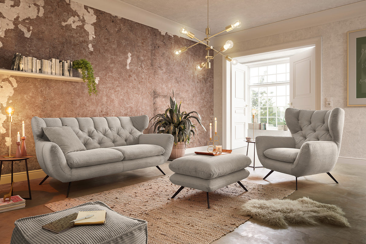 KAWOLA Sitzgruppe CHARME Sofa Sessel Hockerbank Cord steingrau, 4-Sitzer