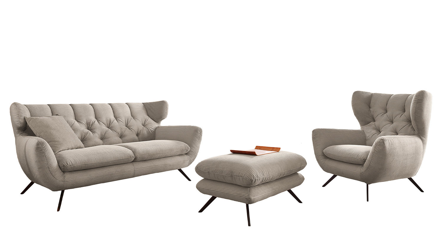 KAWOLA Sitzgruppe CHARME Sofa Sessel Hockerbank Cord steingrau