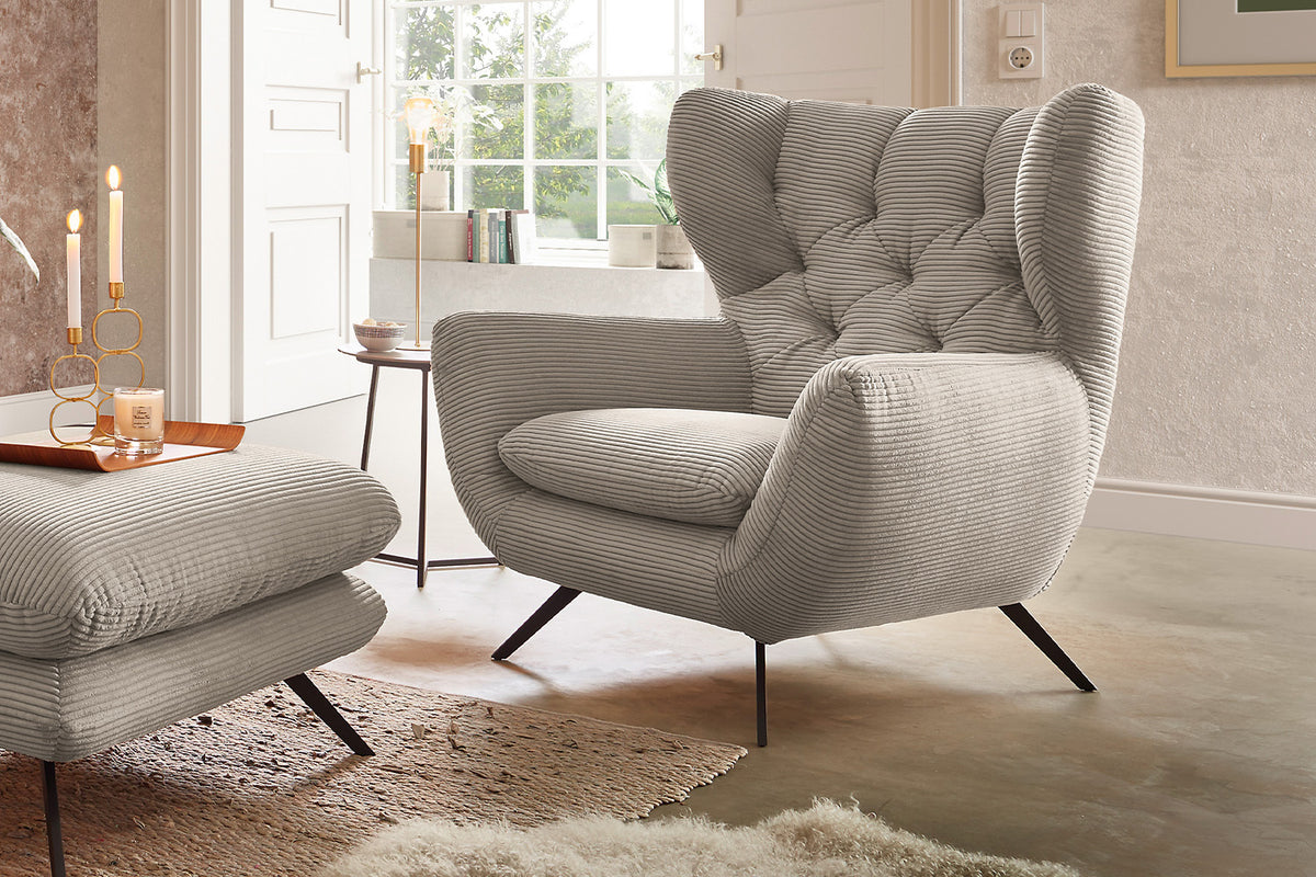 KAWOLA Sitzgruppe CHARME Sofa Sessel Hockerbank Cord steingrau