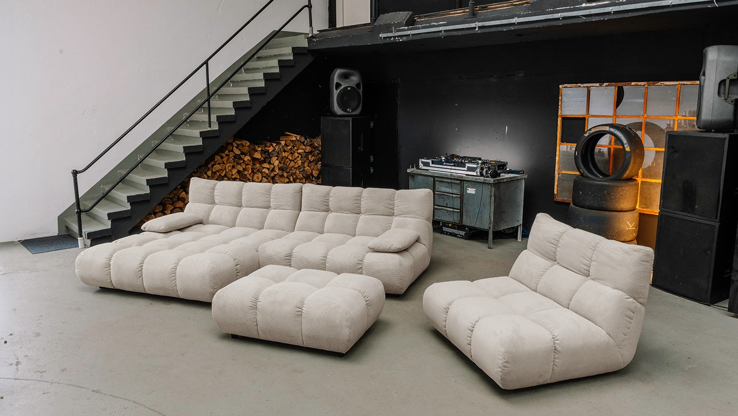 KAWOLA Sitzgruppe VIVIEN Ecksofa Drehsessel Hockerbank Feincord beige, Links