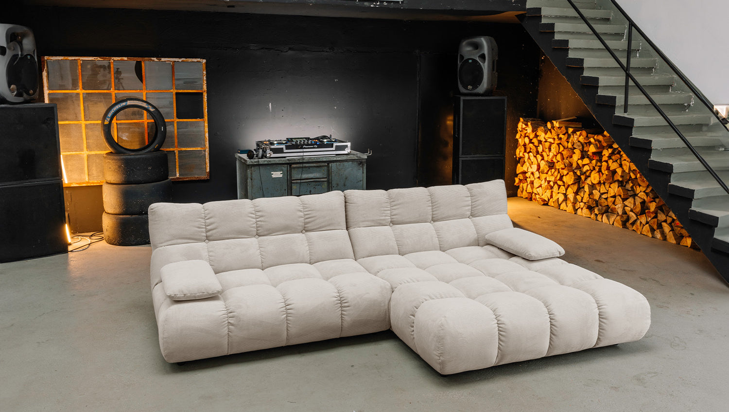 KAWOLA Sitzgruppe VIVIEN Ecksofa Drehsessel Hockerbank Feincord beige