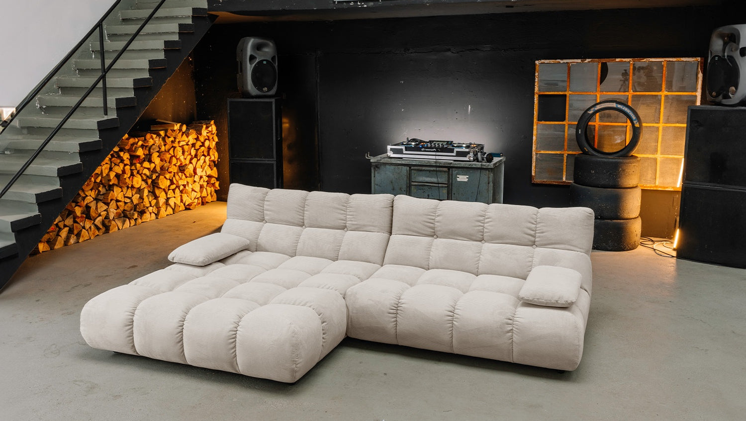 KAWOLA Sitzgruppe VIVIEN Ecksofa Drehsessel Hockerbank Feincord beige