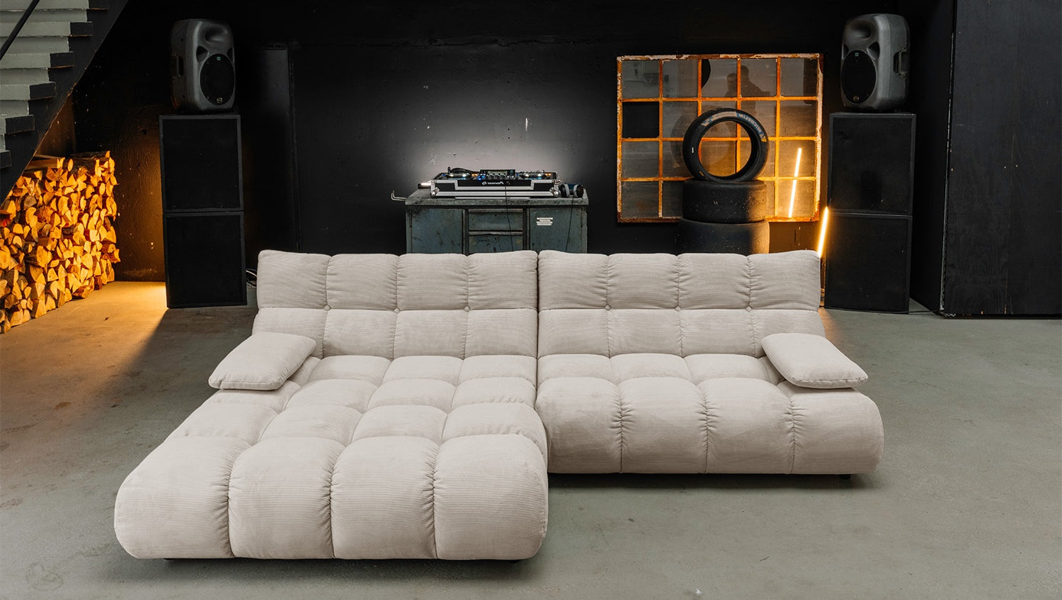 KAWOLA Sitzgruppe VIVIEN Ecksofa Drehsessel Hockerbank Feincord beige