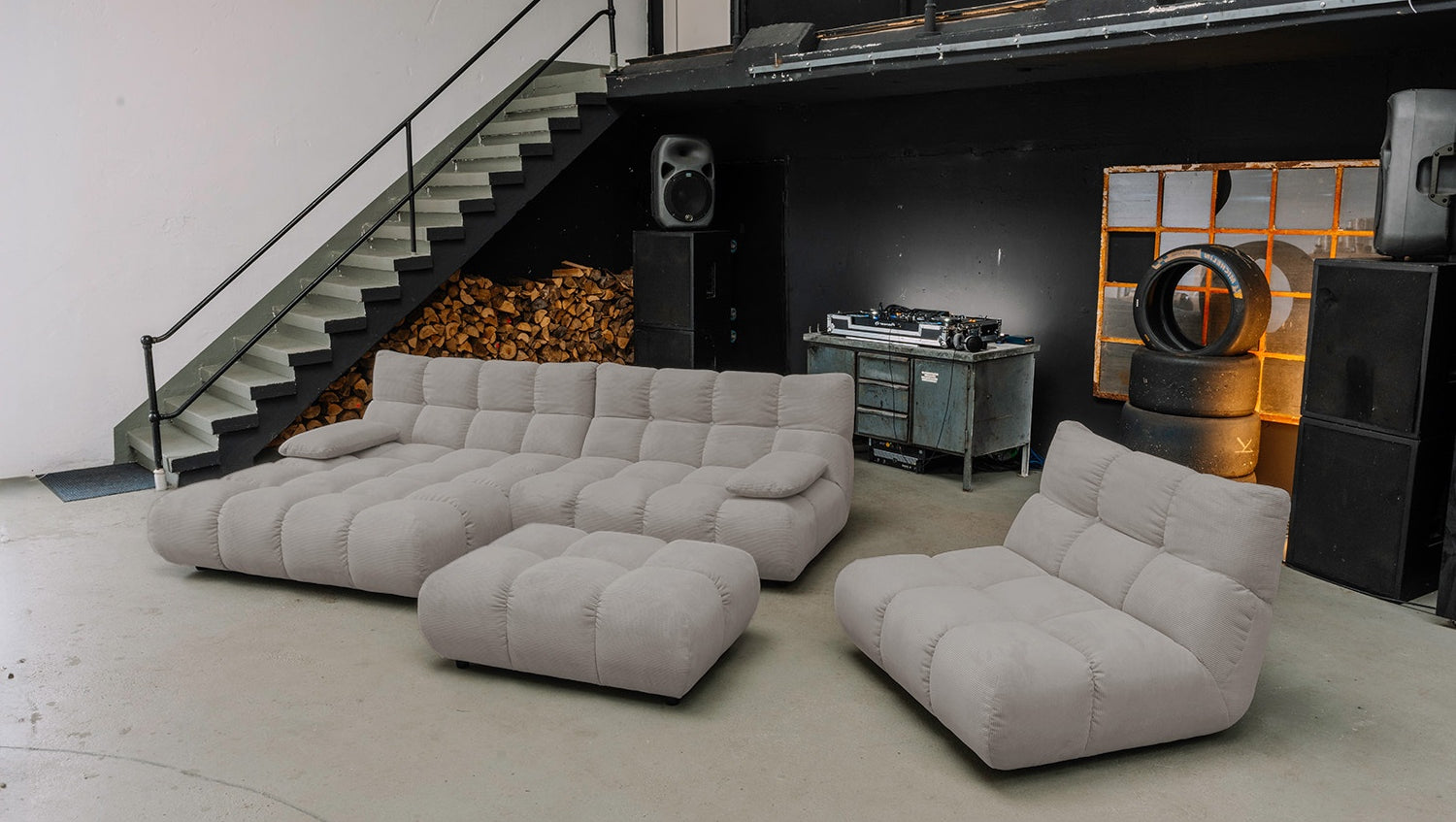 KAWOLA Sitzgruppe VIVIEN Ecksofa Drehsessel Hockerbank Feincord grau, Links