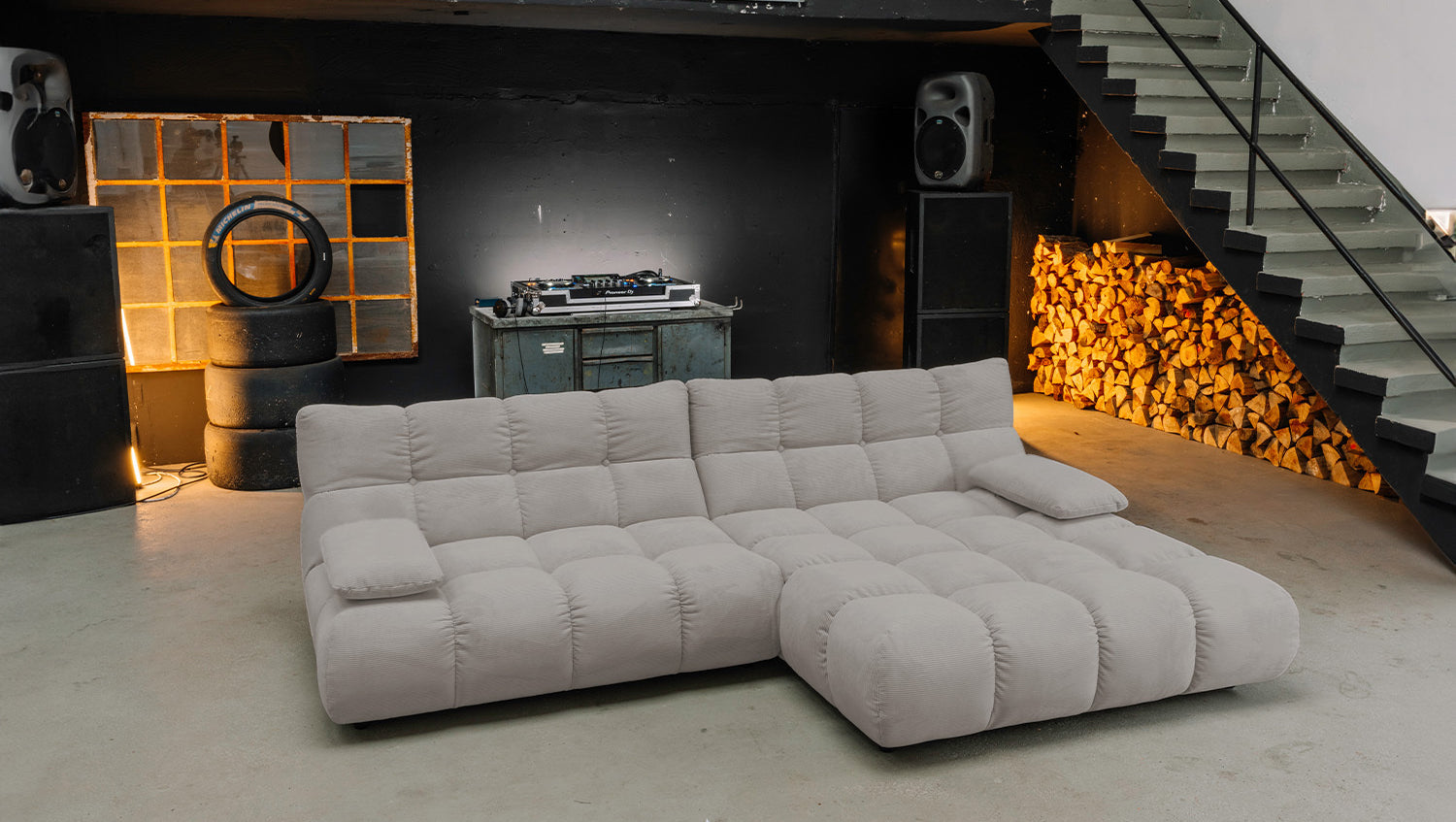 KAWOLA Sitzgruppe VIVIEN Ecksofa Drehsessel Hockerbank Feincord grau