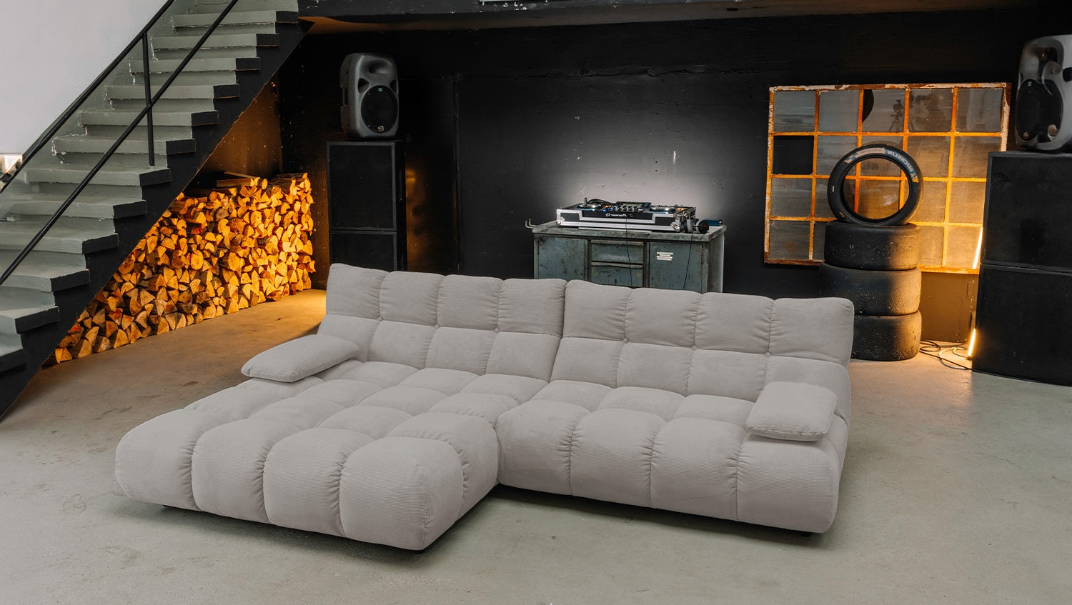 KAWOLA Sitzgruppe VIVIEN Ecksofa Drehsessel Hockerbank Feincord grau