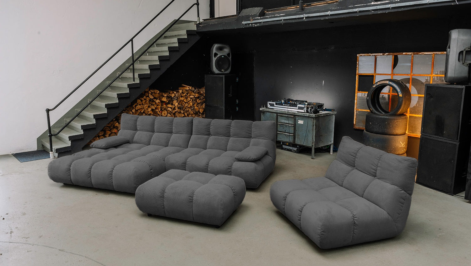 KAWOLA Sitzgruppe VIVIEN Ecksofa Drehsessel Hockerbank Feincord anthrazit, Links