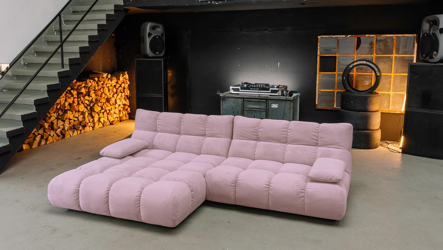 KAWOLA Sitzgruppe VIVIEN Ecksofa Drehsessel Hockerbank Feincord rosa