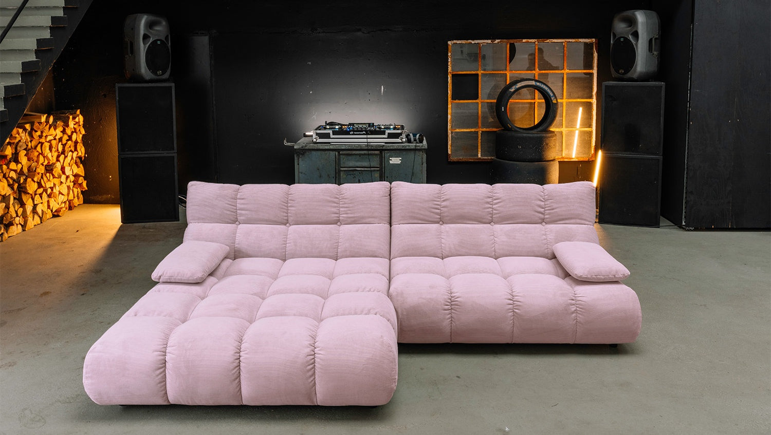KAWOLA Sitzgruppe VIVIEN Ecksofa Drehsessel Hockerbank Feincord rosa