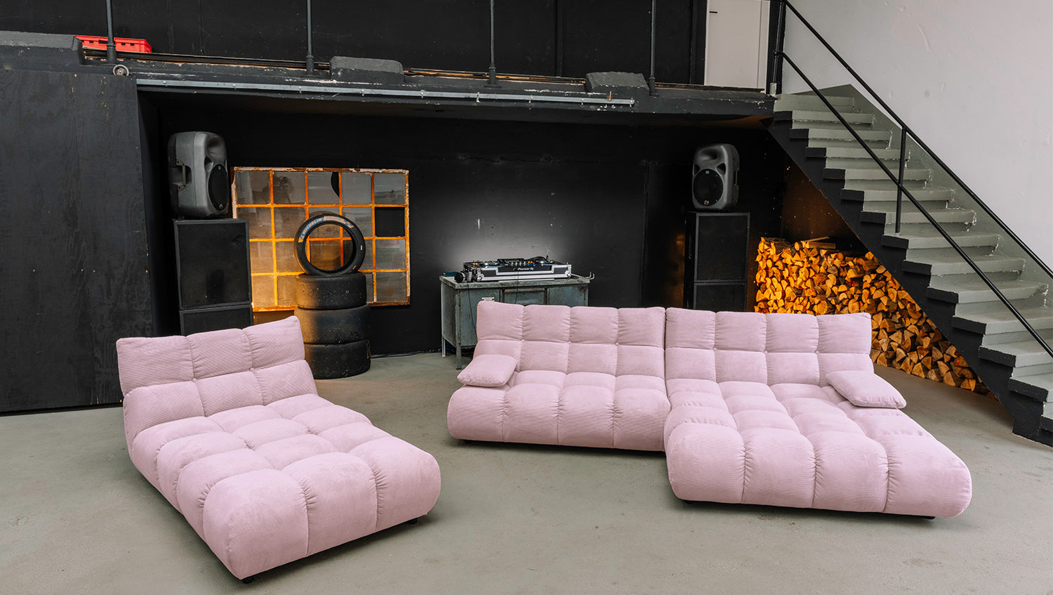KAWOLA Sitzgruppe VIVIEN Ecksofa Drehsessel Hockerbank Feincord rosa