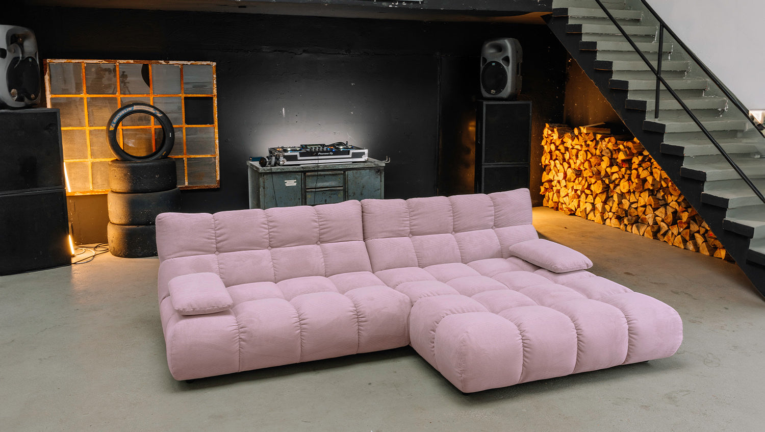 KAWOLA Sitzgruppe VIVIEN Ecksofa Drehsessel Hockerbank Feincord rosa