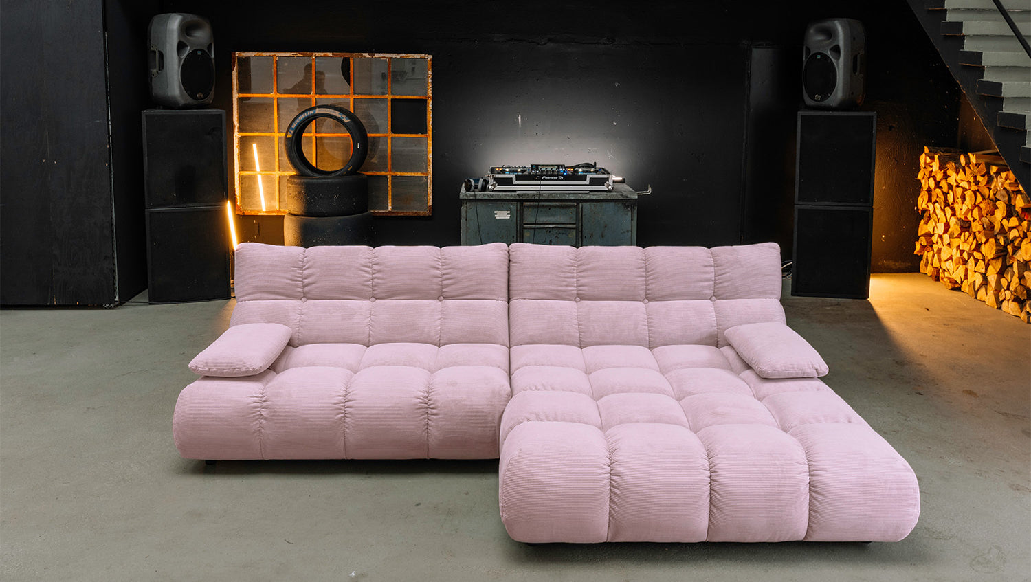 KAWOLA Sitzgruppe VIVIEN Ecksofa Drehsessel Hockerbank Feincord rosa