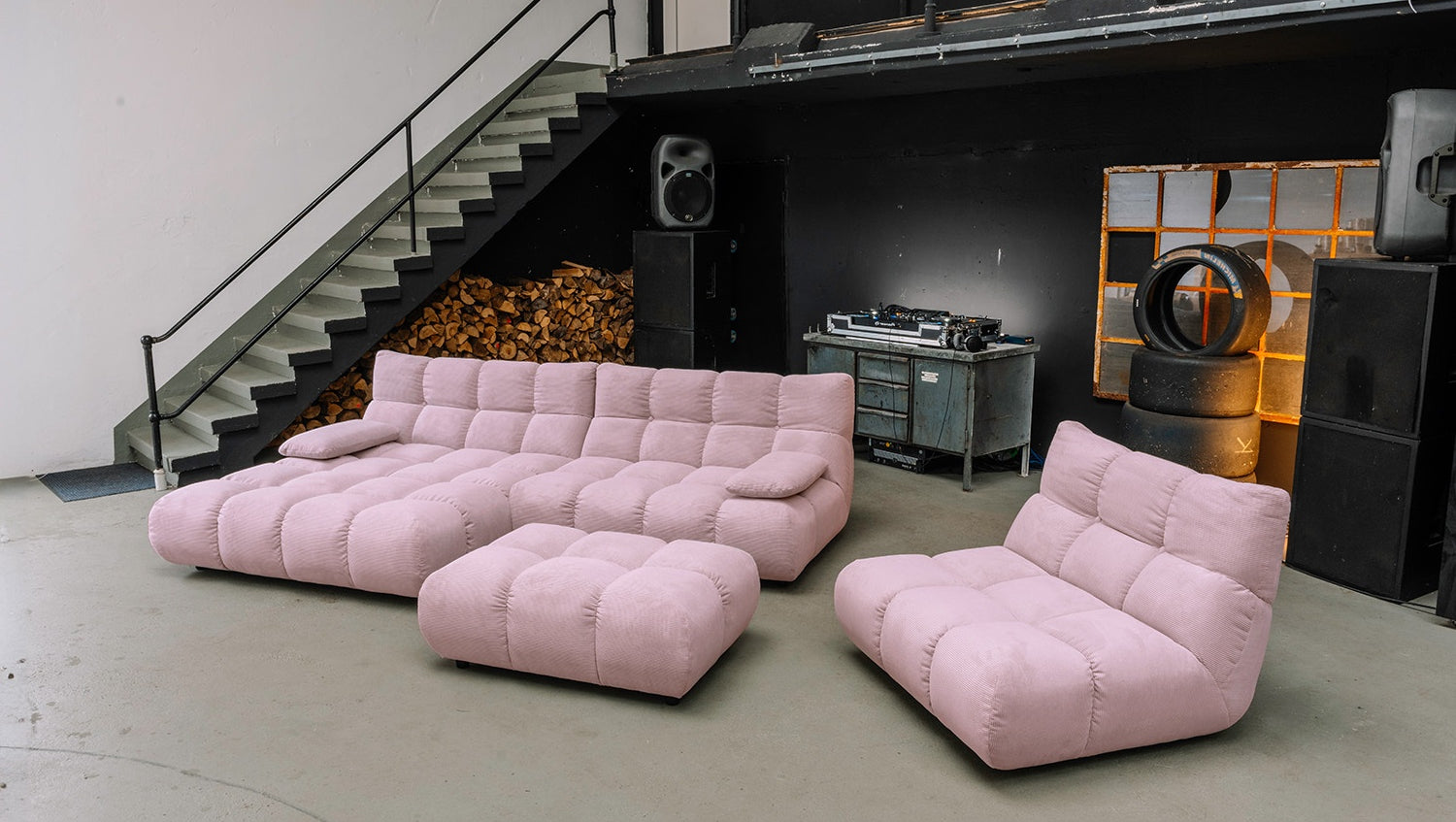 KAWOLA Sitzgruppe VIVIEN Ecksofa Drehsessel Hockerbank Feincord rosa, Links